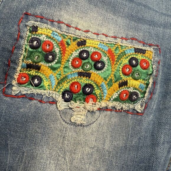 Desigual Ethnic Embroidered Jeans Boho Patchwork Denim Size 26 Hippie Zip Ankle - Picture 7 of 14